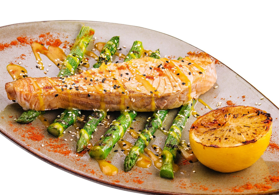 Togarashi-Infused Grilled Salmon with Sesame Asparagus