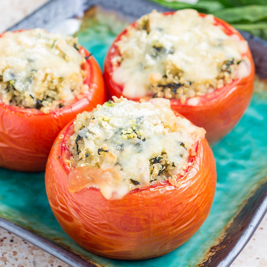 Vegan Pesto Quinoa Stuffed Tomatoes